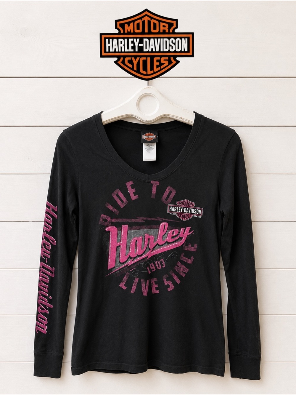 HARLEY-DAVIDSON Black Pink Graphic Long Sleeve Tee – Size M
